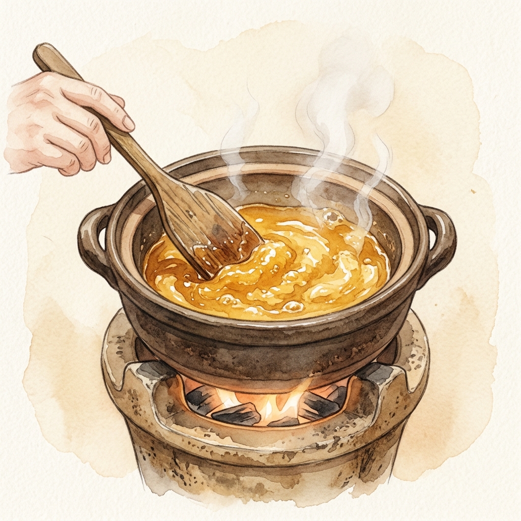 釜で煮詰めるイラスト